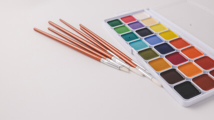 Artistic paints for drawing, gouache acrylic paints for painting, teaching drawing close-up
