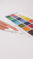 Artistic paints for drawing, gouache acrylic paints for painting, teaching drawing close-up