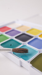 Artistic paints for drawing, gouache acrylic paints for painting, teaching drawing close-up