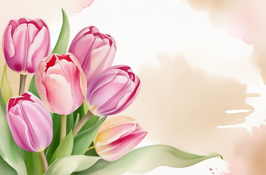 Spring flowers tulips in watercolor technique. Floral wallpaper design with tulips on a background of pastel colors (beige). Botanical illustration, place for inscription. Suitable for cover, postcard