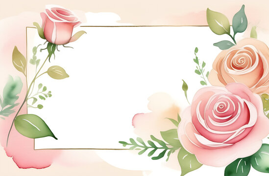 Rose flowers in watercolor technique. Floral wallpaper design with roses on a background of pastel colors (beige, pink). Botanical illustration, place for inscription. Suitable for cover, postcard