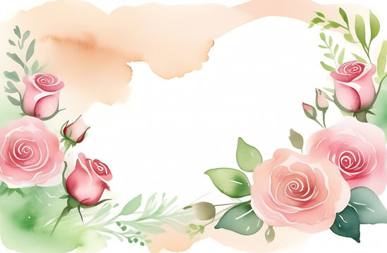 Rose flowers in watercolor technique. Floral wallpaper design with roses on a background of pastel colors (beige, pink). Botanical illustration, place for inscription. Suitable for cover, postcard