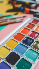 Back to school. Panoramic education banner. Top view, flat lay. Colorful supplies on table, colored paper. Children's creativity concept. Preschool study, development. Accessories for the schoolroom