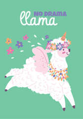 Obraz premium Card with cute happy alpaca, cartoon style vector illustration