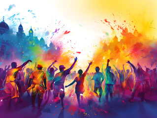 Illustration of a crowd of people at colorful holi festival celebration 