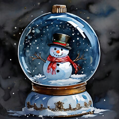 Watercolor illustration of a snowman in a glass snow globe.