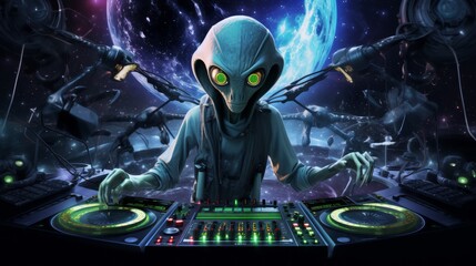 An Alien as a DJ at the Turntable Playing Music. Neural network AI generated art - obrazy, fototapety, plakaty