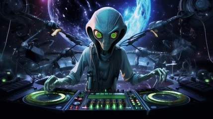Fotobehang An Alien as a DJ at the Turntable Playing Music. Neural network AI generated art © mehaniq41