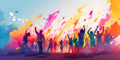 Illustration of a crowd of people at colorful holi festival celebration  - obrazy, fototapety, plakaty