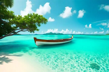 **a canoe resting on a tropical sandy beach, portraying a stunning summer landscape of a tropical island with a boat anchored in the ocean. Capture the seamless transition from the sandy shoreline 