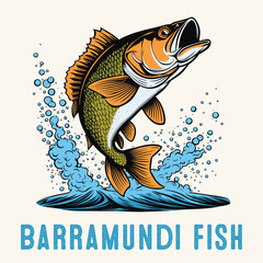 Hand Drawn Barramundi fish colorful Vintage Engraved Style