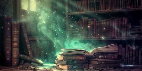 Enchanted Library: Dusty Sunbeams Illuminate Mystical Tomes Among Dark Wood Shelves with Violet and Green Hues