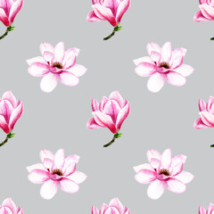 Watercolor magnolia flowers hand drawn seamless pattern.