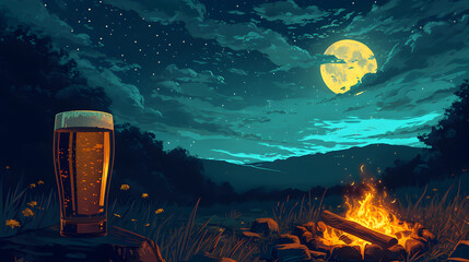 Lo-fi illustration of beer pint by a firepit in a camp site. moonlight. starsDrinks.