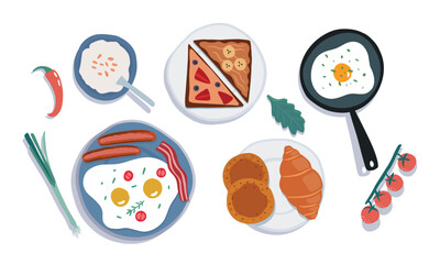 Tasty breakfast. Various delicious dishes. Cute flat style. Eggs, sausages, bacon, porridge, croissant, pancakes, toast etc. Cute flat style. Vector illustration