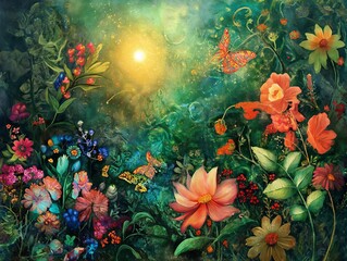 Fototapeta na wymiar Enchanted Garden: Luminous Floral Wonderland with Butterflies, Fairies, and Berries Illustration
