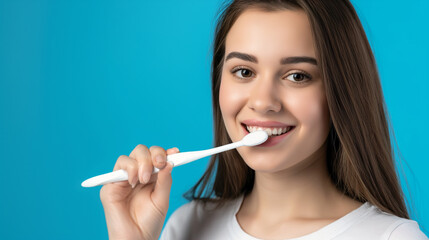 Mulher sorrindo e escovando os dentes isolada no fundo azul