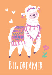 Llama alpaca with textile decorations, Lama animal cartoon cute funny curly fur animal, Big dreamer greeting vector card