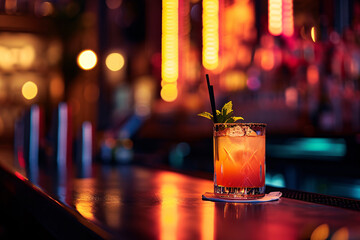 Colorful cocktails in a glass on the bar counter, neon lights on dark night background with lights - obrazy, fototapety, plakaty
