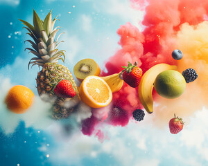 Tropical fruit flying in the air surrounded by colorful dust or powder smoke explosion.
