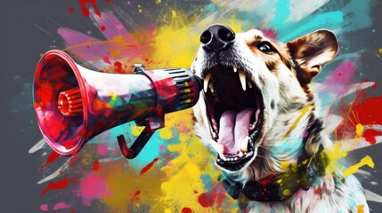 Funny dog holds loudspeaker in its paws and screams, creative idea. Business and management, concept. Increase traffic, advertising and attention