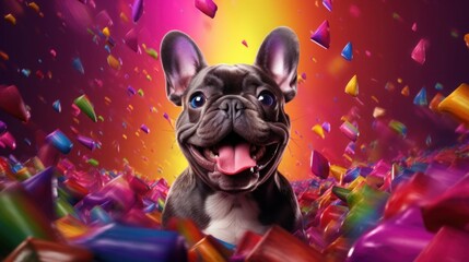 Happy cute dogin party hat celebrating birthday surrounded by confetti