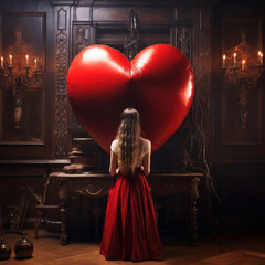Girl with long hair and wearing red dress stands in front of large red balloon in shape of heart