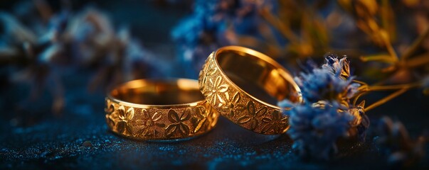 Enchanted Floral Patterned Golden Wedding Bands with 3D Effect on a Shimmering Backdrop - Macro Photography