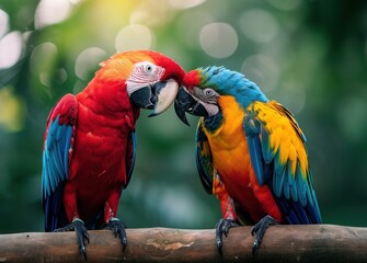 Couple of parrots birds celebrating valentines day, pastel background
