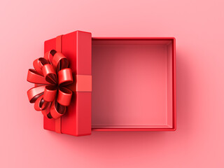 Blank red gift box open or top view of red present box tied with red ribbon bow isolated on pink pastel color background with shadow minimal conceptual 3D rendering