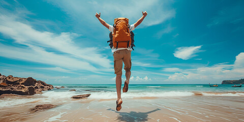 Happy man with backpack jumping with arms up at the beach - Delightful tourist enjoying summer vacation by the seaside - Traveling life style and well being concept - obrazy, fototapety, plakaty