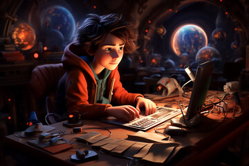 Obraz na płótnie Canvas A teenager sits at a table with a laptop, surrounded by holographic planets and technical gadgets. Modern children and technology concept, alpha generation, online games, futuristic interior design