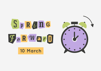 Daylight saving time concept with alarm, arrow turning to an hour forward, magazine cut out text. Vector illustration, composite image with clock, summer time march change reminder.