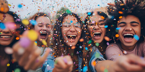 Happy friends celebrating throwing confetti in the air - Young people having outdoor party - Students having fun together at college campus - Youth culture concept - obrazy, fototapety, plakaty
