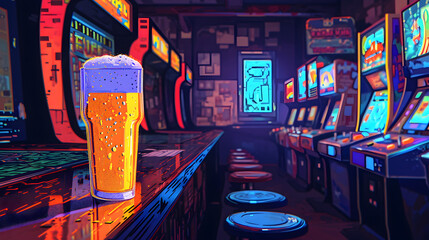 Lo-fi illustration of beer pint on a table un a 90s arcade center. Drinks. - obrazy, fototapety, plakaty