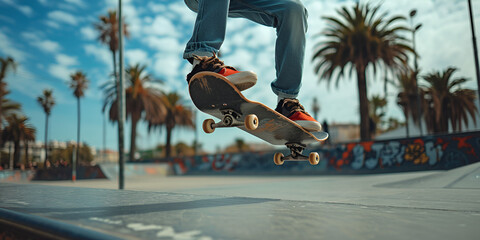 Skater doing kickflip on the ramp at skate park - Stylish skaterboy training outside - Extreme sport life style concept - obrazy, fototapety, plakaty