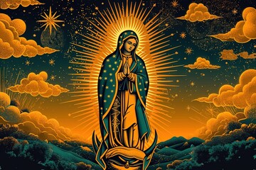 Holy Lady of guadalupe nuestra senora de guadalupe icon card illustration - obrazy, fototapety, plakaty
