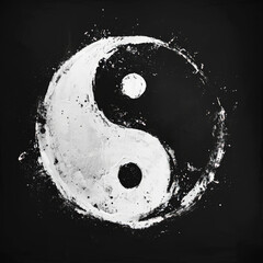 Roughly handpainted white and black yin and yang symbol with visible brush strokes on solid black background. AI generated - obrazy, fototapety, plakaty