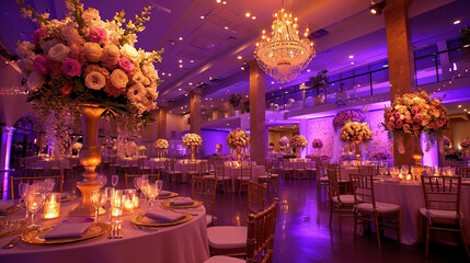 The wedding bouquet on the table is an exquisite and elegant accessory that adds luxury and romance to the wedding space.