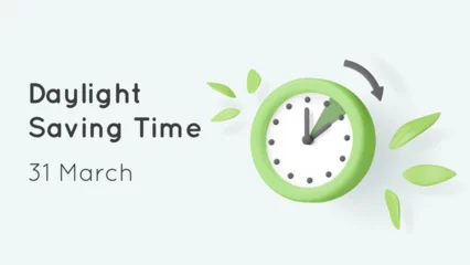 Foto op Canvas Daylight saving time banner with 3d vector clock render, green leaves, and arrow turning to an hour forward. Summertime reminder illustration with text. Classic watch. Calendar date. © Marina
