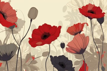 Abstract floral wallpaper with red poppy flower design. Generative AI