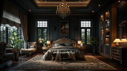 The dark-colored bedrooms create an atmosphere of an elegant and cozy room where you can relax and unwind. The center of attention of this banner is a large bed covered with soft black sheets and deco - obrazy, fototapety, plakaty
