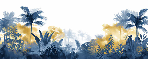 Fototapeta na wymiar Elegant Jungle Motif Wallpaper Design in Gold and Deep Blue on White Background