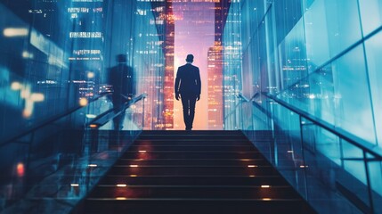 Businessman climbing stairs among night office buildings