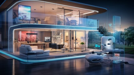 A smart home of the future, with AI-assisted appliances performing tasks based on occupants' preferences, ensuring optimal comfort. - Generative AI - obrazy, fototapety, plakaty