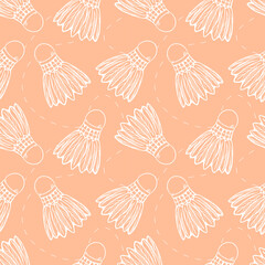 Seamless pattern with shuttlecock. Badminton sport concept for template, fabric, textile background. Peach and white color