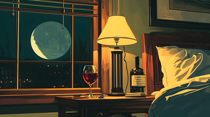 Lo-fi illustration of wine glass on a desk in a teenager bedroom. Rain outside Drinks.