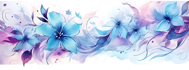 Poster Flower whimsical watercolor painting wallpaper - turquoise blue purple floral oil painting panorama artwork - horizontal colorful modern hand painted landscape panoramic luxury canvas art © Islam