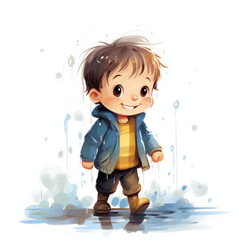 cute boy are playing in the rain