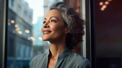 American senior business woman looking at the window 